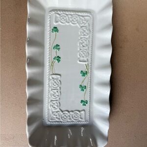 Belleek White Rectangular Dish with Green Clover Design